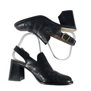 APOSTROPHE! LUXE BLACK GENUINE LEATHER SLINGBACK LOAFER STYLE HEELS! SZ 7.5M